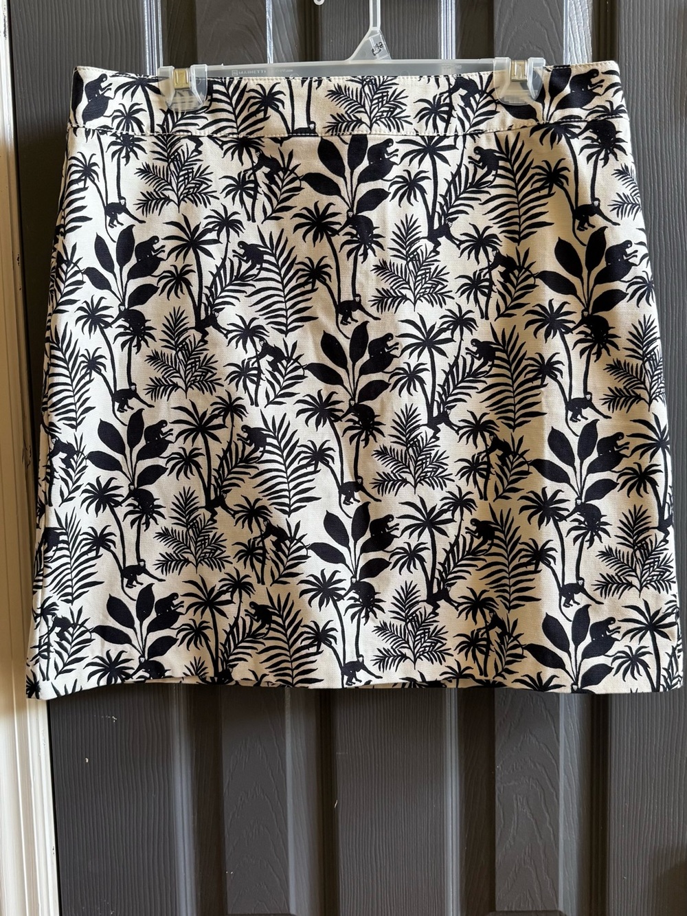 Talbots Women's Size 12 Monkey Print Skirt Black White Tropical Jungle A-Line